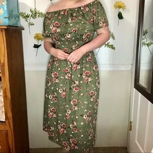 no tags* Green with Pink Floral Print Off the Shoulder Maxi Dress